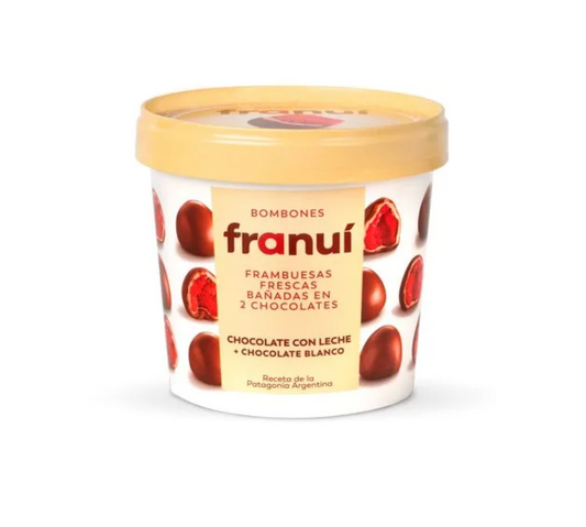 Frambuesa bañada en chocolate con leche y blanco 150g - Franui